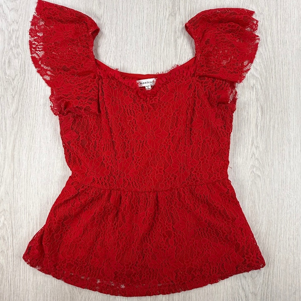 Peplum Top Monteau Women Large Red Lace Square Neck Flutter Sleeve Romantic